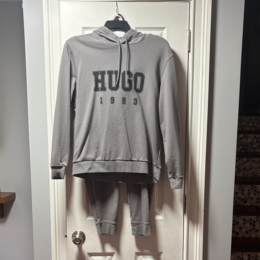 HUGO Men's Gray Crewneck Hoodie with 1993 Logo